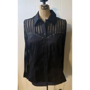 Azita Black Button Up Blouse Sheer sleeve and back with rhinestones size XL NWT